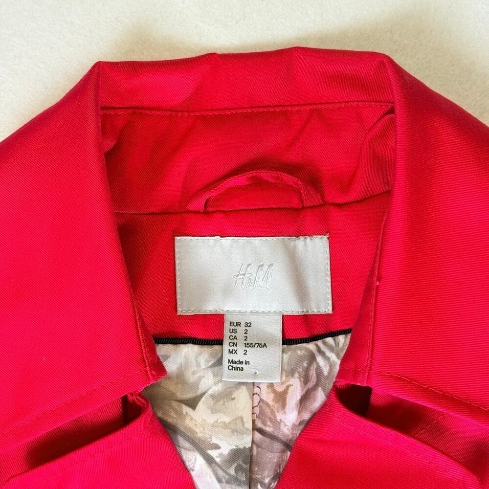 H&M Womens Red Short Trench Coat Jacket Size 2 Double Breasted Belted Waist Chic - Picture 3 of 14